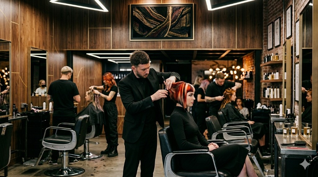 Interior moderno de Salon Fem Premium con estilista trabajando coloracion